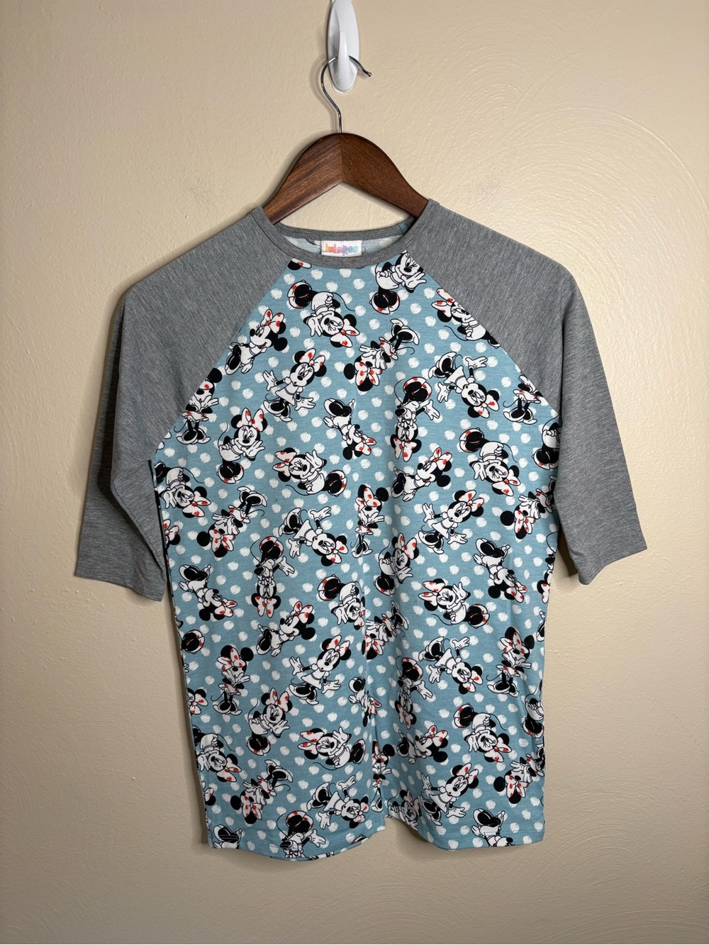 LuLaRoe Disney Minnie Mouse Raglan Tee Girls 14 Blue Gray Polka Dot Graphic
